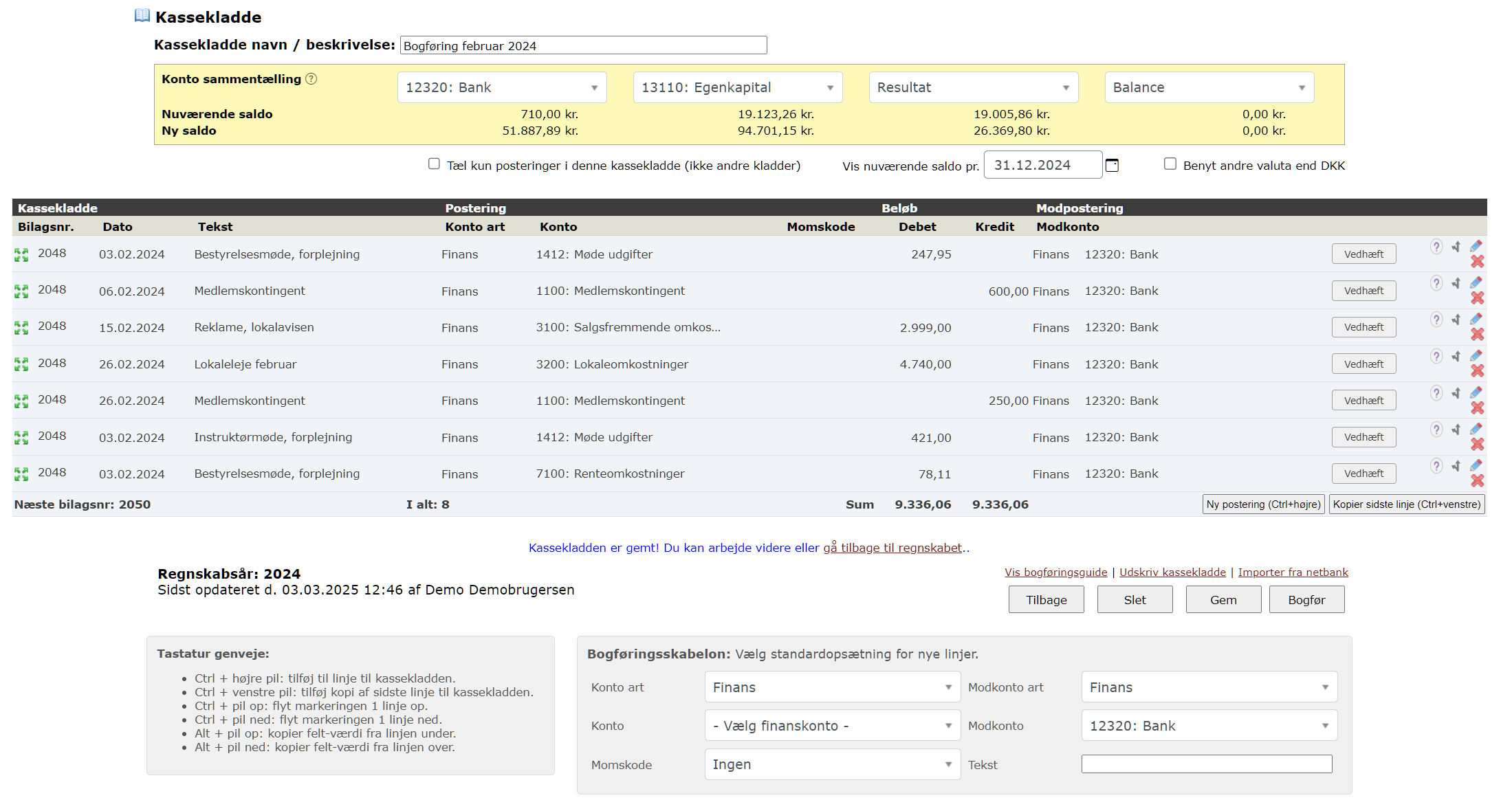 Screenshot af regnskabsmodulet med kontoplan og konomisk oversigt