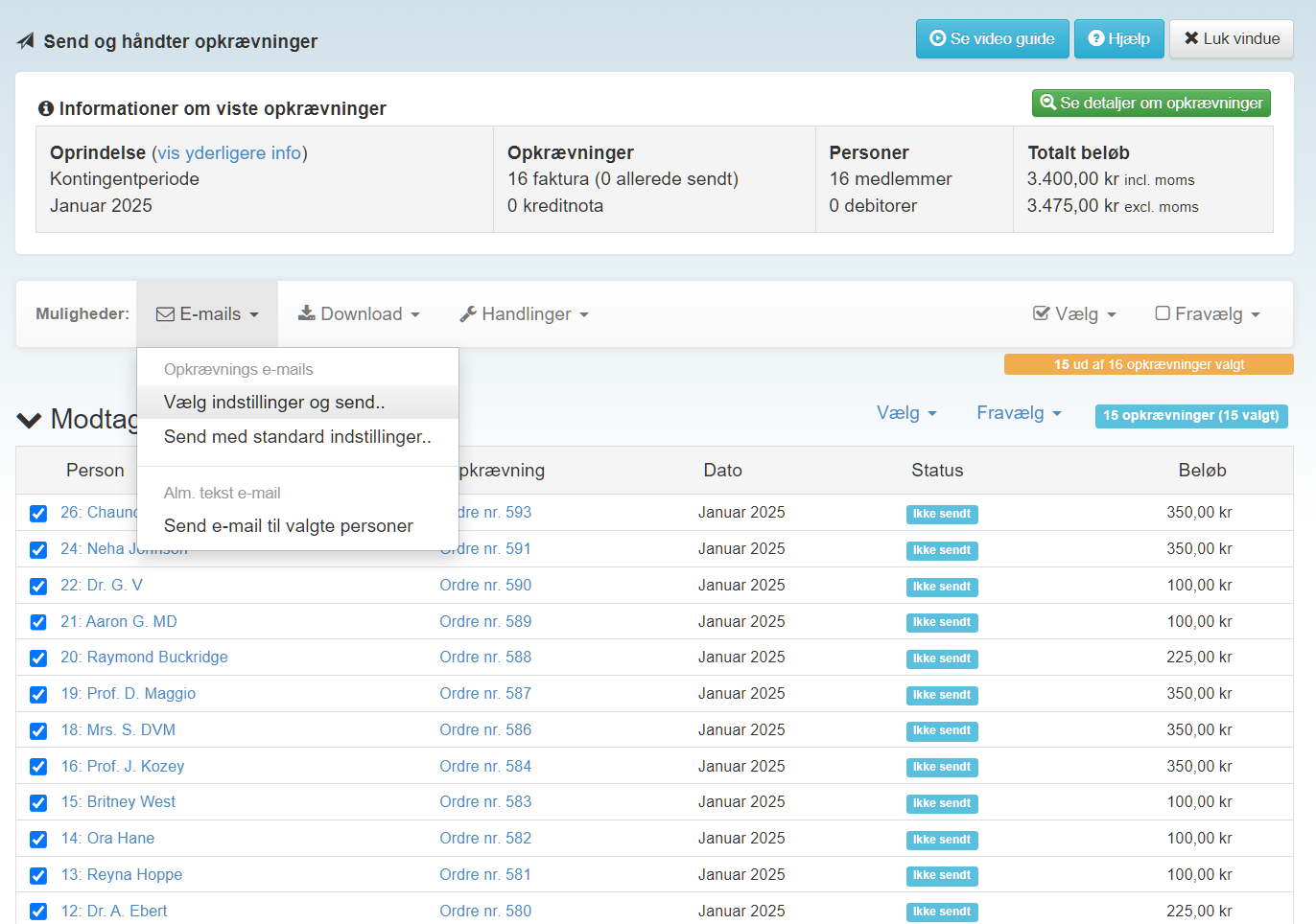Screenshot af opkrvningssystemet med oversigt over betalinger og status