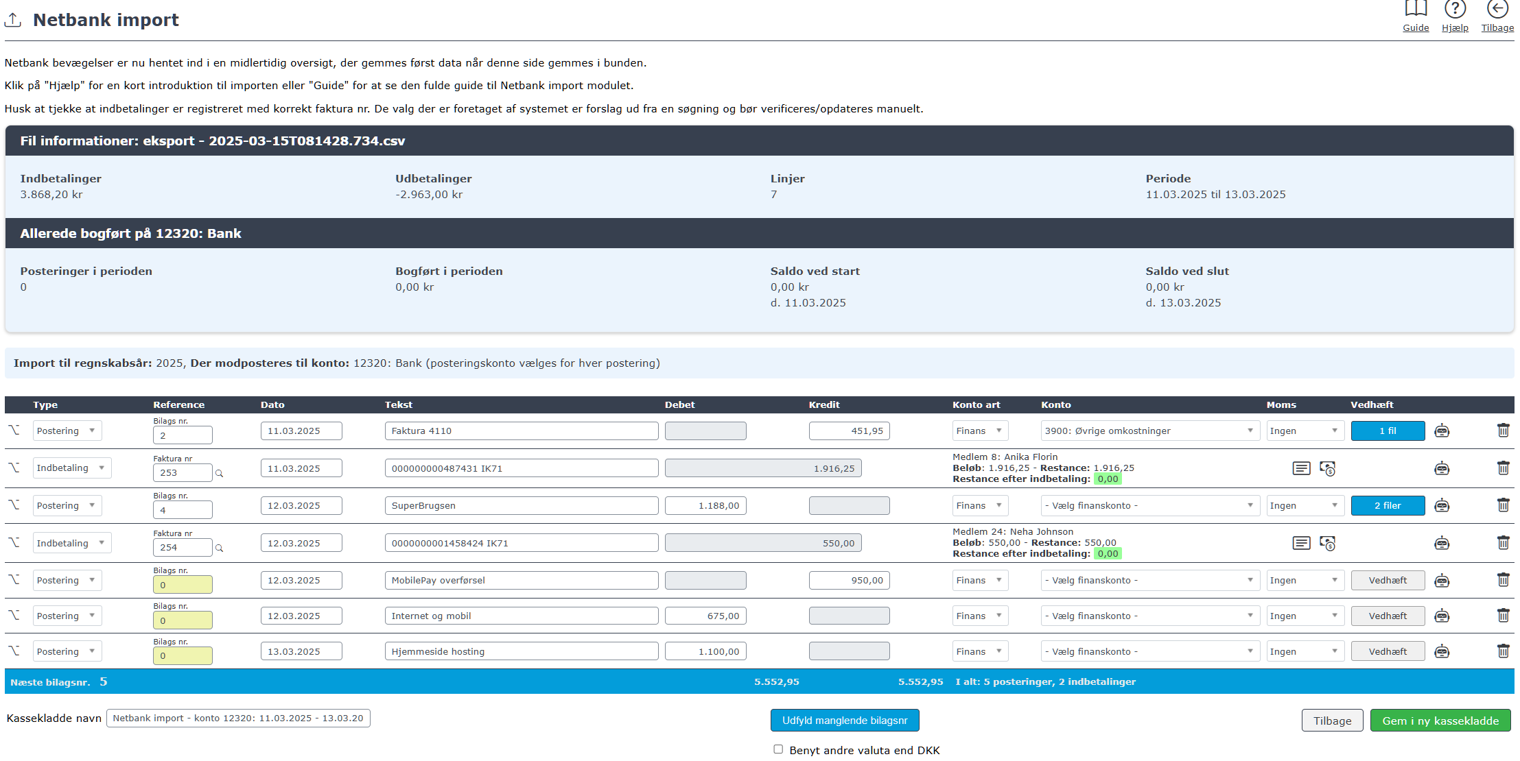 Screenshot af regnskabsmodulet med kontoplan og konomisk oversigt